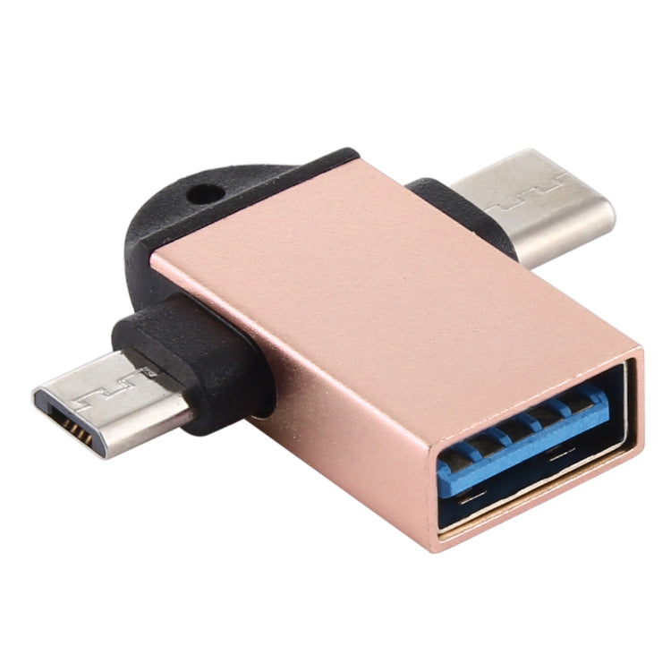 Multifunction USB 3.0 Female to USB-C / Type-C Male + Micro USB Male OTG Adapter with Lanyard Hole (Gold)