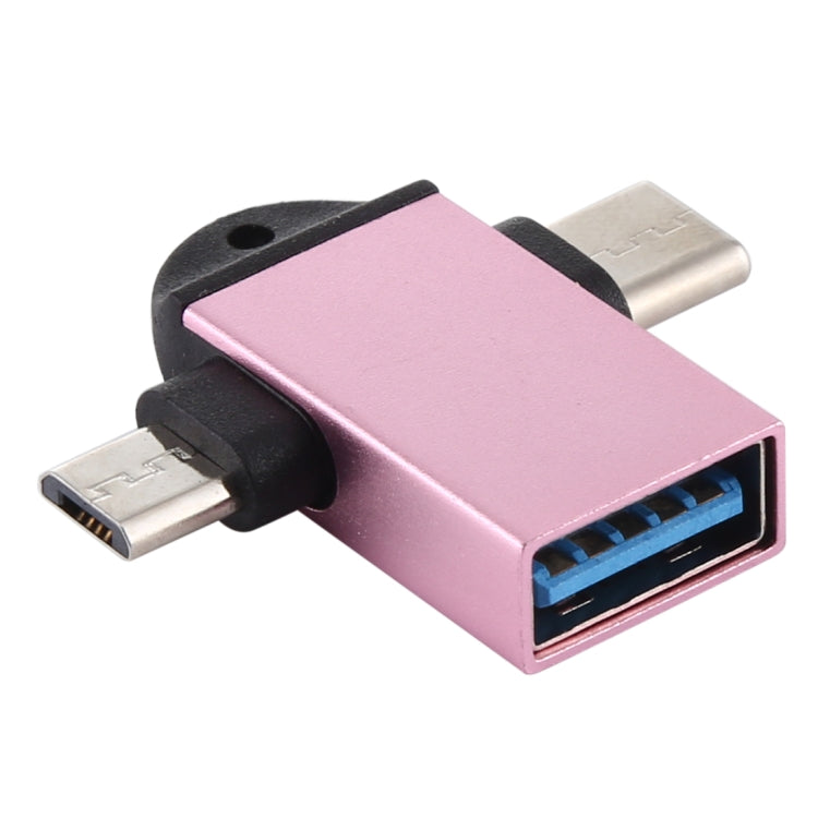 Multifunction USB 3.0 Female to USB-C / Type-C Male + Micro USB Male OTG Adapter with Lanyard Hole (Rose Gold)