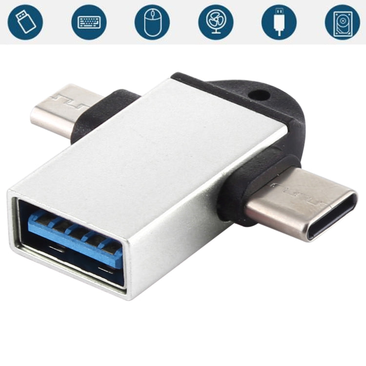 Adaptateur multifonction USB 3.0 femelle vers USB-C / Type-C mâle + Micro USB mâle OTG avec trou pour lanière (argent)
