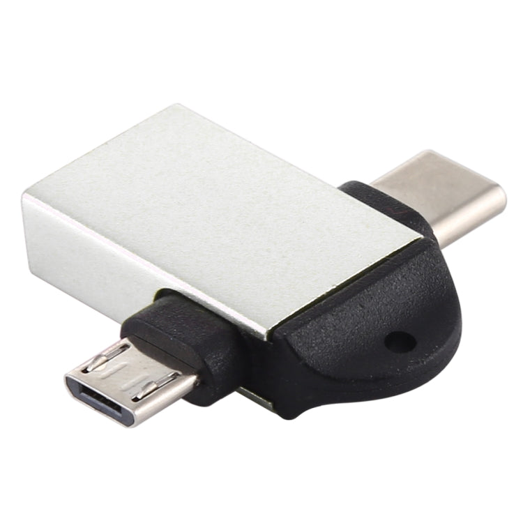 Adaptador OTG Multifunción USB 3.0 Hembra a USB-C / Type-C Macho + Micro USB Macho con orificio para eslinga (Plateado)