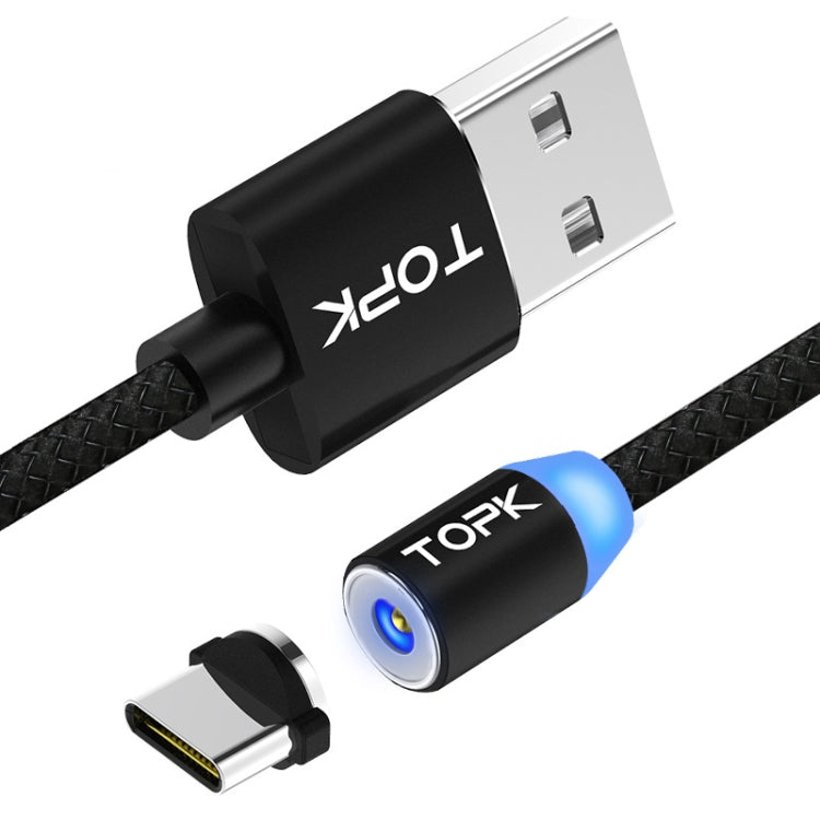 TOPK 1m 2.1A USB Output to USB-C / Type-C Mesh Braided Magnetic Charging Cable with LED Indicator (Black)