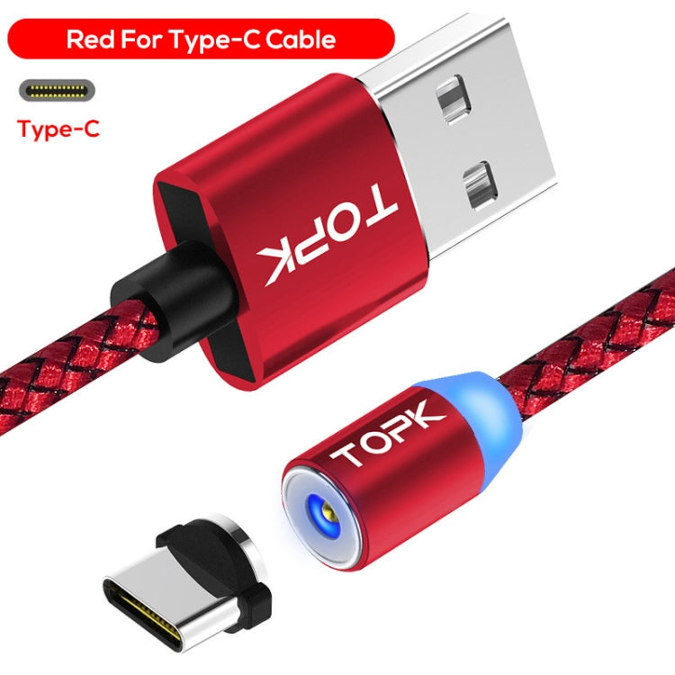 TOPK 1m 2.1A USB Output to USB-C / Type-C Mesh Braided Magnetic Charging Cable with LED Indicator (Red)