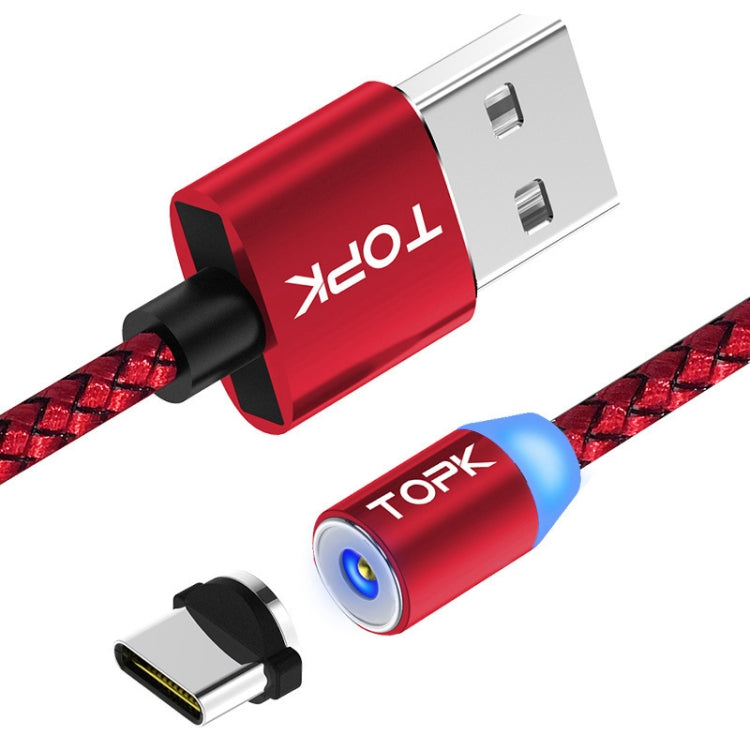 TOPK 2m 2.1A USB Output to USB-C / Type-C Mesh Braided Magnetic Charging Cable with LED Indicator (Red)