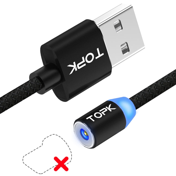 TOPK Cable de Carga Magnético trenzado de malla USB de 2 m 2.1A con indicador LED sin Enchufe (Negro)