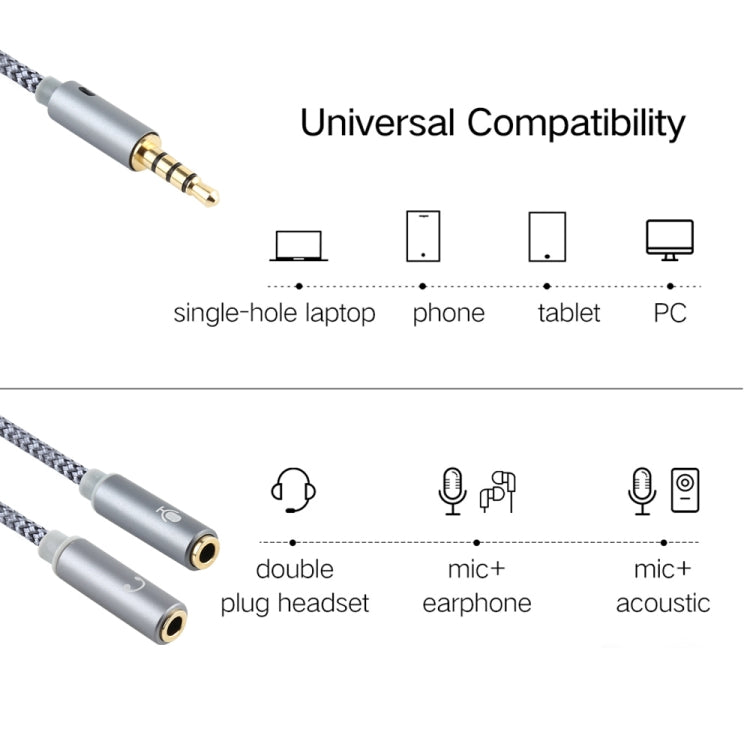 HY191 2 in 1 3.5mm Male to Microphone + Audio Female Braided Audio Cable Length: 26cm