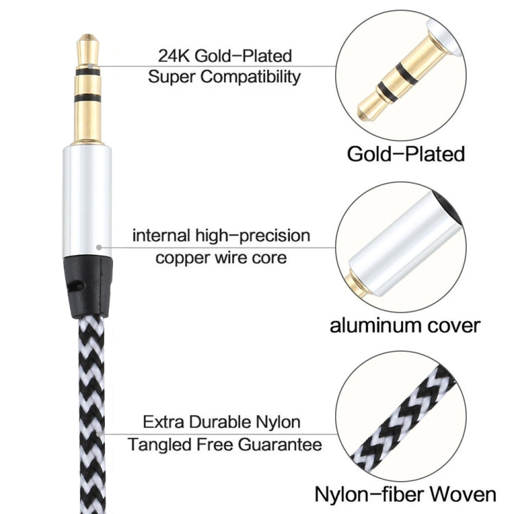 Cable de Audio trenzado de Nylon Macho a Macho de 3 piezas K10 de 3.5 mm longitud: 1 m (Plateado)