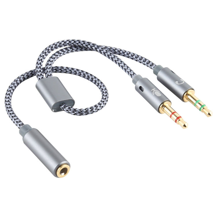 YH192 2 in 1 3.5mm Female to Microphone + Male Audio Braided Audio Cable Length: 22cm (Grey)