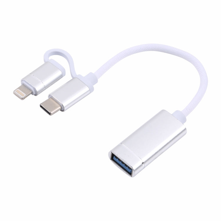 USB 3.0 Femelle vers 8 broches + USB-C / Type C / Type C Charge Mâle + Transmission OTG Câble Adaptateur Tressé en Nylon Longueur du câble : 11 cm (Argent + Blanc)
