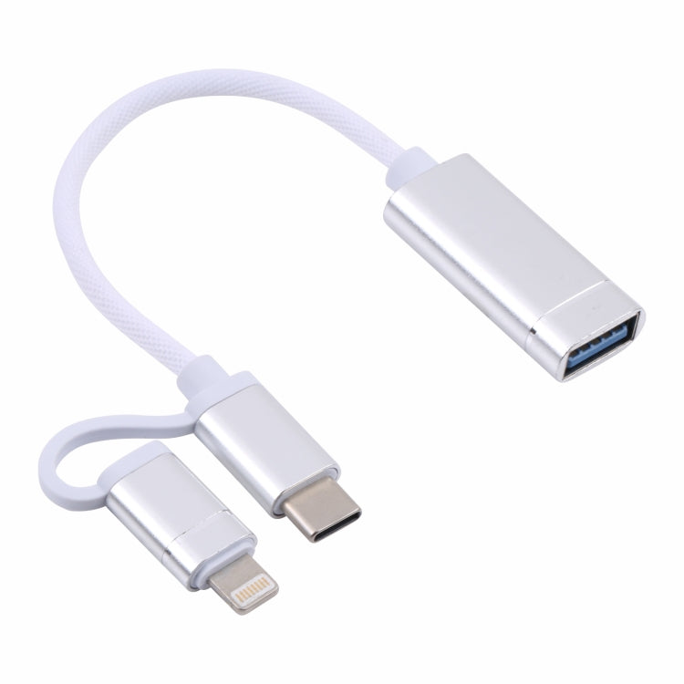 USB 3.0 Femelle vers 8 broches + USB-C / Type C / Type C Charge Mâle + Transmission OTG Câble Adaptateur Tressé en Nylon Longueur du câble : 11 cm (Argent + Blanc)