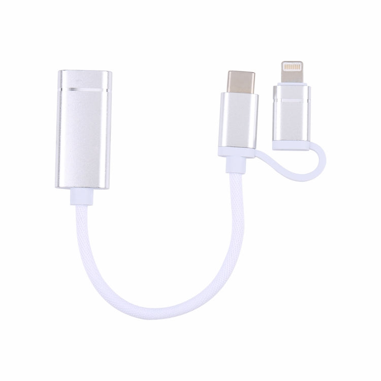USB 3.0 Hembra a 8 pin + USB-C / Tipo C / Tipo C Se Carga Macho + Transmisión OTG Cable de Adaptador trenzado de Nylon longitud del Cable: 11 cm (Plata + Blanco)