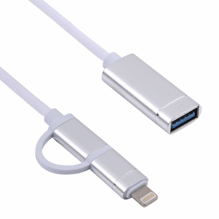USB 3.0 Female to 8 pin + USB-C / Type C / Type C Male Charge + OTG Transmission Nylon Braided Adapter Cable Cable length: 11cm (Silver + White)