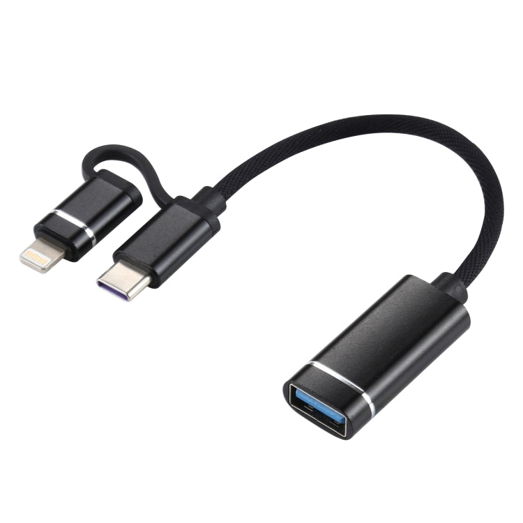 USB 3.0 Hembra a 8 pin + USB-C / Tipo C / Tipo C Carga Macho + Transmisión OTG Nylon Adaptador trenzado Cable longitud del Cable: 11cm (Negro)
