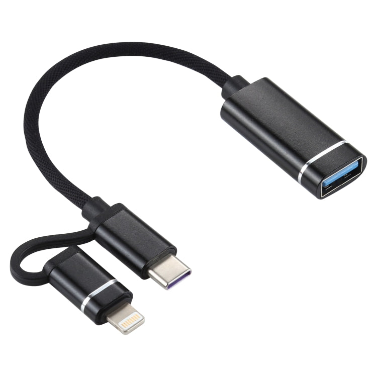 USB 3.0 Femelle vers 8 broches + USB-C / Type C / Type C Mâle Charge + OTG Transmission Nylon Tressé Adaptateur Longueur du câble : 11 cm (Noir)