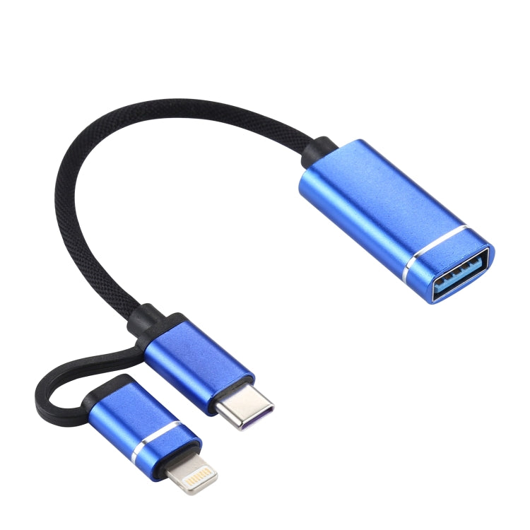 USB 3.0 Female to 8 pin + USB-C / Type-C Male Charging + OTG Transmission Nylon Braided Adapter Cable length: 11cm (Blue)