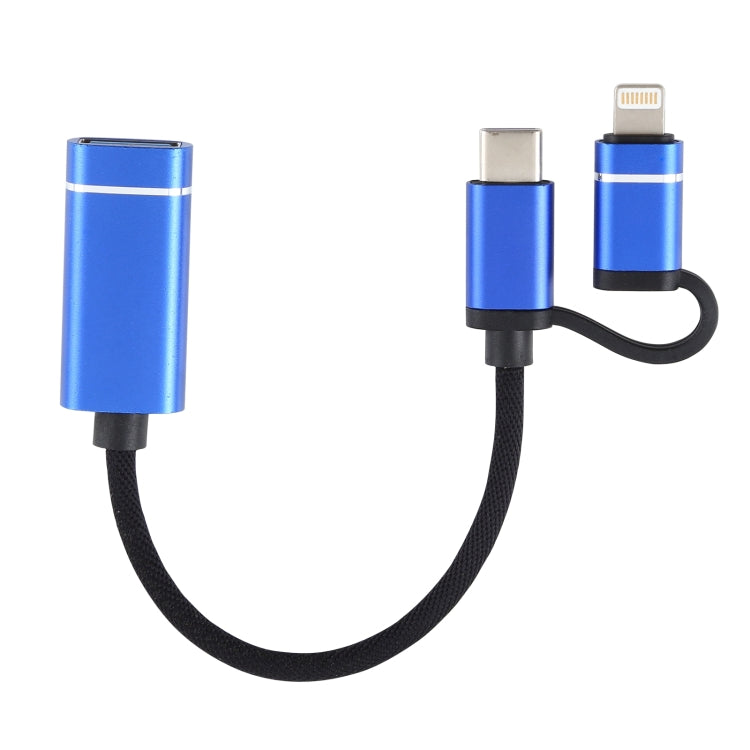 USB 3.0 Female to 8 pin + USB-C / Type-C Male Charging + OTG Transmission Nylon Braided Adapter Cable length: 11cm (Blue)