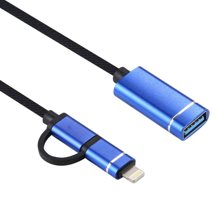 USB 3.0 Femelle vers 8 broches + USB-C / Type-C Mâle Charge + OTG Transmission Nylon Tressé Adaptateur Longueur du câble : 11 cm (Bleu)