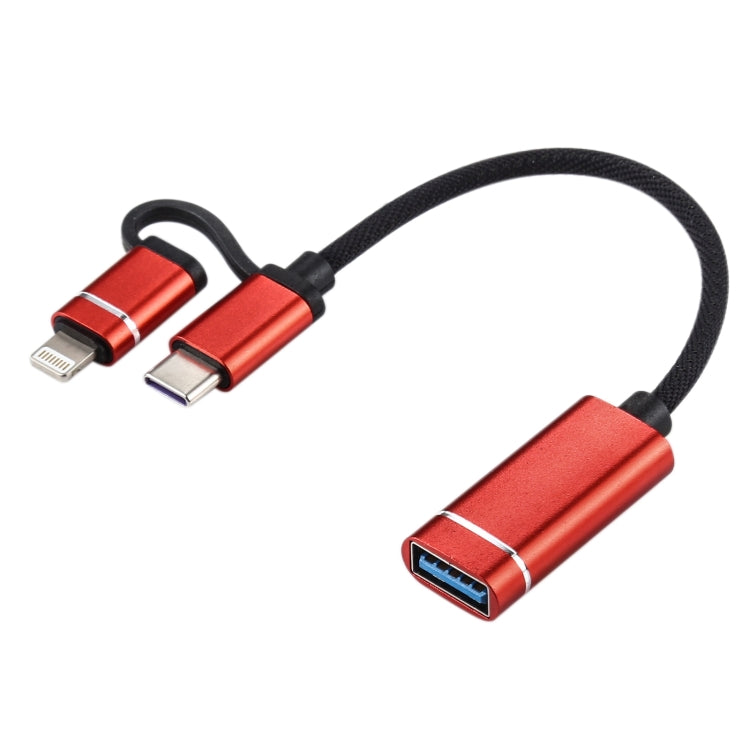 USB 3.0 Female to 8 PIN + USB-C / Type C / Type C Male Charging + OTG Transmission Nylon Braided Adapter Cable length: 11cm (Red)