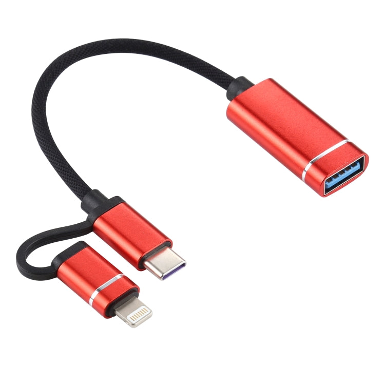 USB 3.0 Femelle vers 8 PIN + USB-C / Type C / Type C Mâle Charge + OTG Transmission Nylon Tressé Adaptateur Longueur du câble : 11 cm (Rouge)
