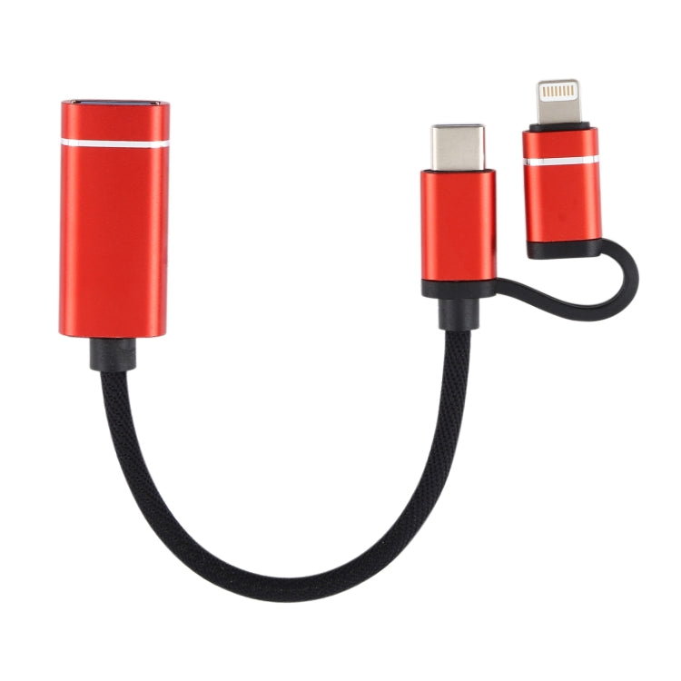 USB 3.0 Hembra a 8 PIN + USB-C / Tipo C / Tipo C Carga Macho + Transmisión OTG Nylon Adaptador trenzado Cable longitud del Cable: 11cm (Rojo)