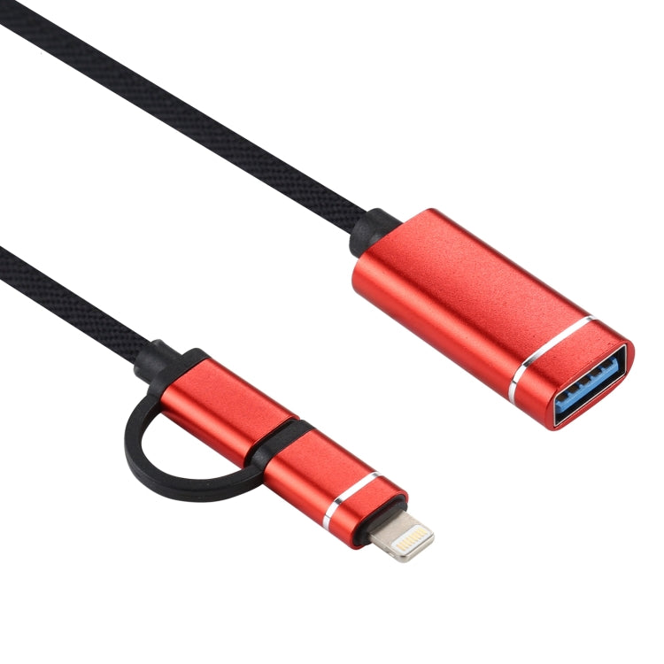 USB 3.0 Femelle vers 8 PIN + USB-C / Type C / Type C Mâle Charge + OTG Transmission Nylon Tressé Adaptateur Longueur du câble : 11 cm (Rouge)