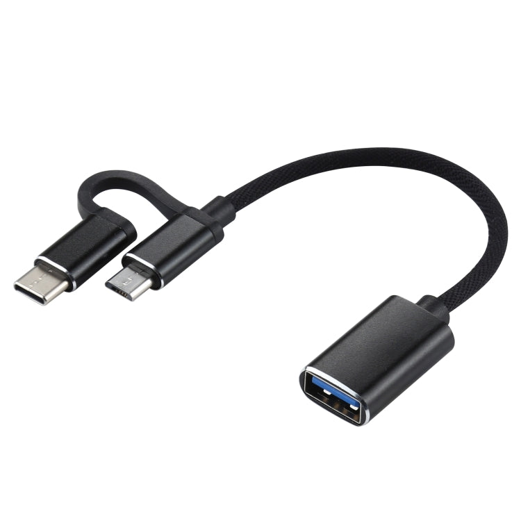 USB 3.0 Hembra a Micro USB + USB-C / Tipo-C Carga Macho + Transmisión OTG Nylon Adaptador trenzado Cable longitud del Cable: 11 cm (Negro)