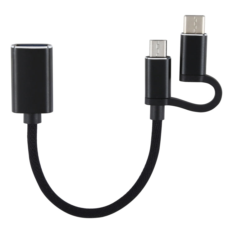 USB 3.0 Femelle vers Micro USB + USB-C / Type-C Mâle Charge + OTG Transmission Nylon Tressé Adaptateur Longueur du câble : 11 cm (Noir)