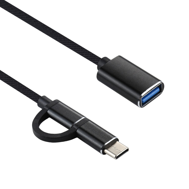 USB 3.0 Female to Micro USB + USB-C / Type-C Male Charging + OTG Transmission Nylon Braided Adapter Cable length: 11cm (Black)
