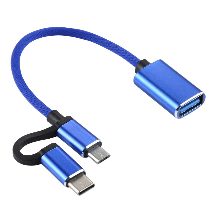 USB 3.0 Femelle vers Micro USB + USB-C / Type-C Mâle Charge + OTG Transmission Nylon Tressé Adaptateur Longueur du câble : 11 cm (Bleu)