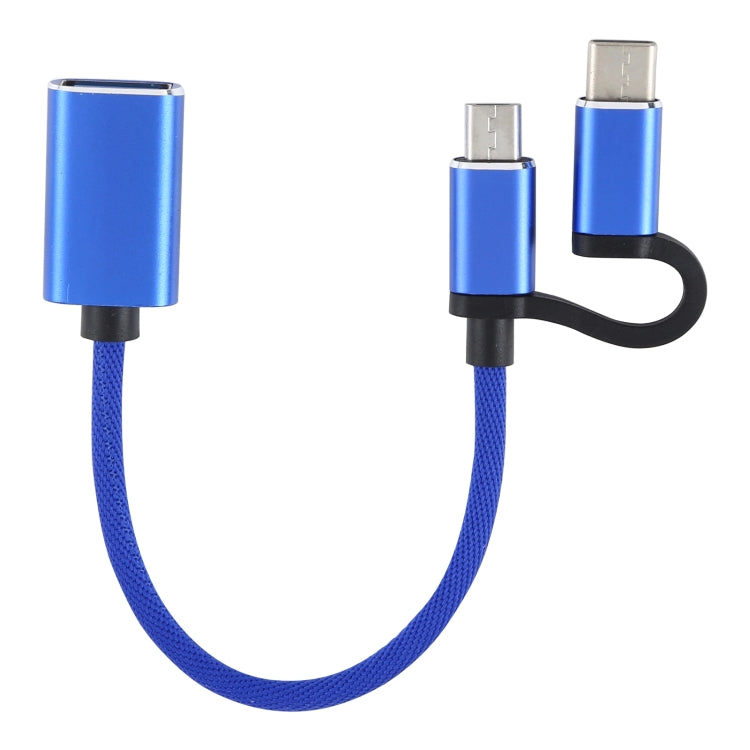 USB 3.0 Hembra a Micro USB + USB-C / Tipo-C Carga Macho + Transmisión OTG Nylon Adaptador trenzado Cable longitud del Cable: 11 cm (Azul)