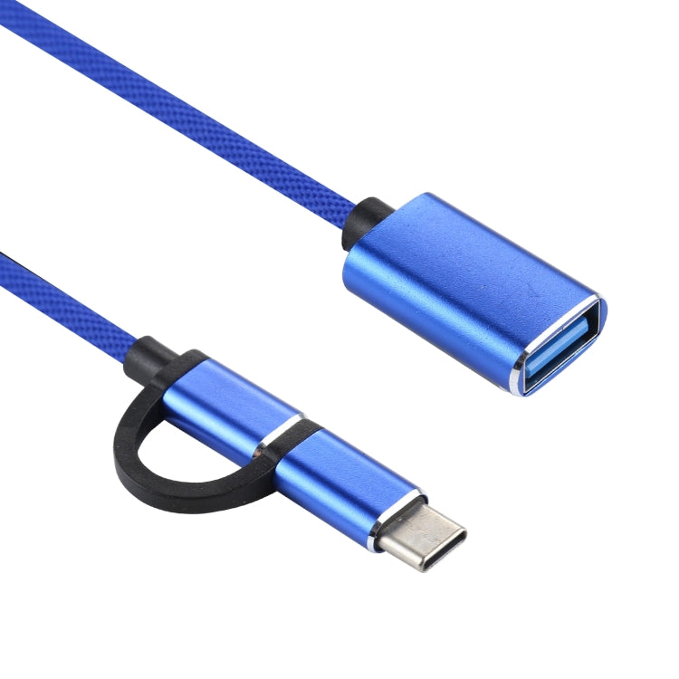 USB 3.0 Hembra a Micro USB + USB-C / Tipo-C Carga Macho + Transmisión OTG Nylon Adaptador trenzado Cable longitud del Cable: 11 cm (Azul)