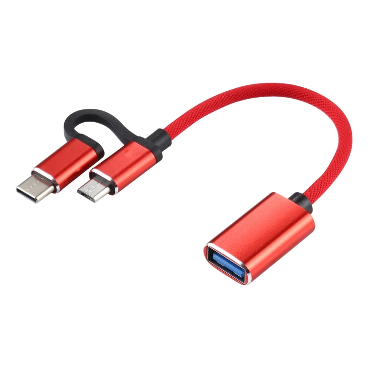 USB 3.0 Femelle vers Micro USB + USB-C / Type-C Mâle Charge + Transmission Câble OTG Adaptateur Nylon Tressé Longueur du câble : 11 cm (Rouge)