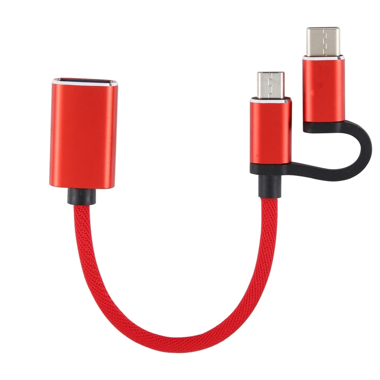 USB 3.0 Female to Micro USB + USB-C / Type-C Male Charging + Transmission OTG Cable Nylon Braided Adapter Cable length: 11cm (Red)