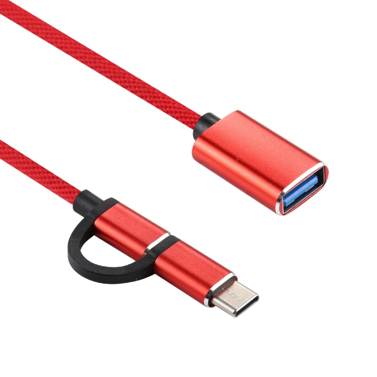USB 3.0 Hembra a Micro USB + USB-C / Tipo-C Carga Macho + Transmisión OTG Cable Adaptador trenzado de Nylon longitud del Cable: 11cm (Rojo)