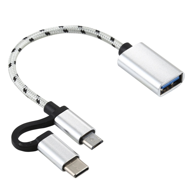 USB 3.0 Hembra a Micro USB + USB-C / Tipo-C Carga Macho + Transmisión OTG Nylon Adaptador trenzado Cable longitud del Cable: 11 cm (Plata)
