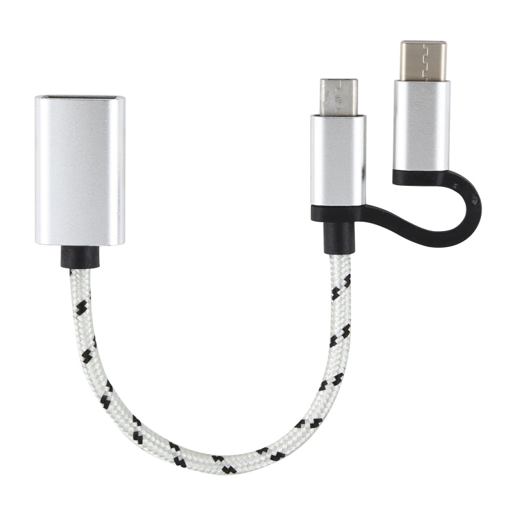 USB 3.0 Femelle vers Micro USB + USB-C / Type-C Mâle Charge + OTG Transmission Nylon Tressé Adaptateur Câble Longueur: 11cm (Argent)
