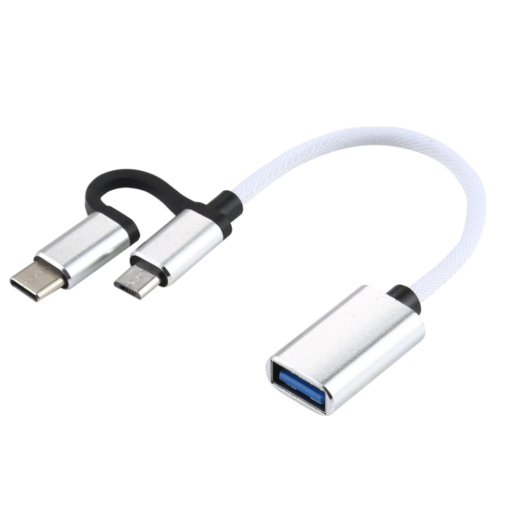 USB 3.0 Hembra a Micro USB + USB-C / Tipo-C Carga Macho + Transmisión OTG Nylon Adaptador trenzado Cable longitud del Cable: 11 cm (Blanco)
