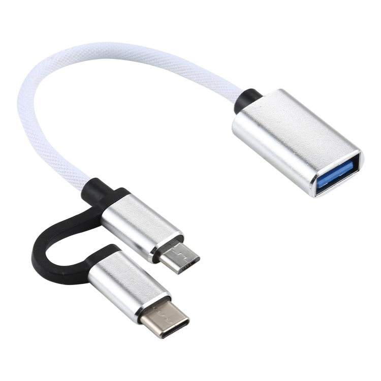 USB 3.0 Femelle vers Micro USB + USB-C / Type-C Mâle Charge + OTG Transmission Nylon Tressé Adaptateur Longueur du câble : 11 cm (Blanc)