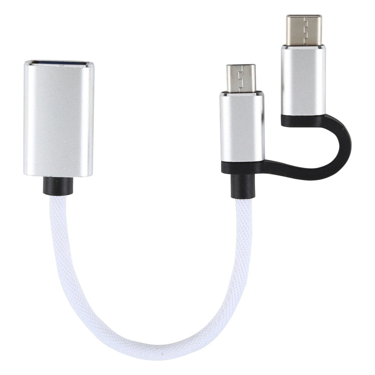 USB 3.0 Hembra a Micro USB + USB-C / Tipo-C Carga Macho + Transmisión OTG Nylon Adaptador trenzado Cable longitud del Cable: 11 cm (Blanco)