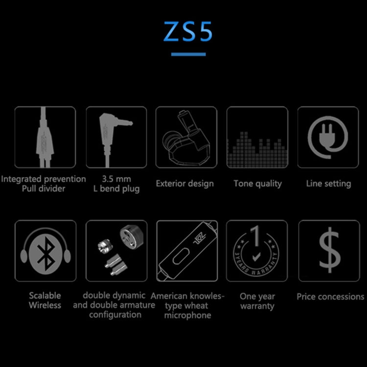 KZ ZS5 1.2m 3.5mm Casque de Contrôle Filaire avec Design Sport Suspendu à l'Oreille pour iPhone iPad Galaxy Huawei Xiaomi LG HTC et autres Smart (Gris)