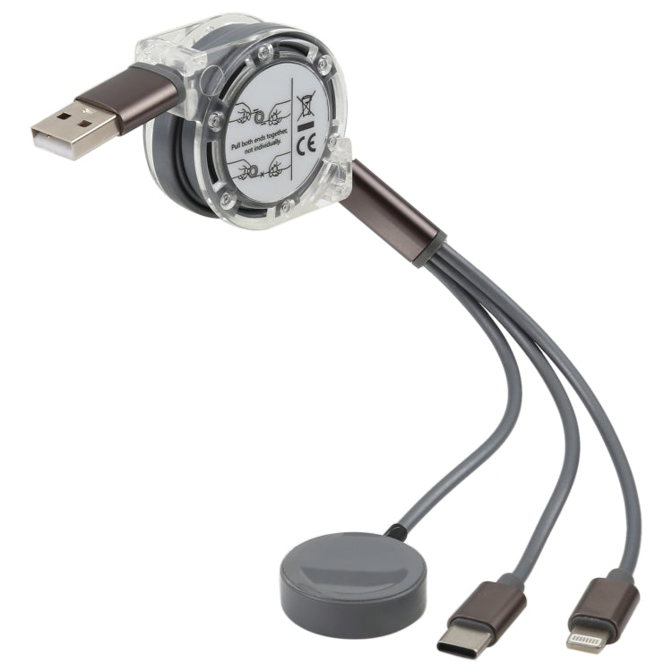 3 en 1 8 PIN + Type-C / USB-C + Dock de charge magnétique Multifonctionnel Longueur du câble de charge télescopique: 1M (Gris)