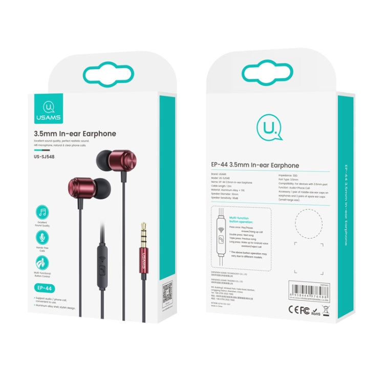 USAMS US-SJ548 EP-44 3.5mm Aluminum Alloy Cable Earphones with Center Control Length: 1.2m (Red)