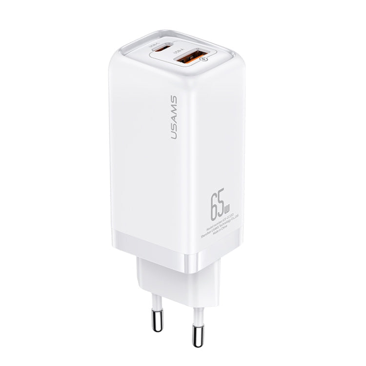 USAMS US-CC153 T47 65W USB-A + USB-C / TYPE-C Dual Port Super Silicon Fast Charger EU Plug (Blanc)