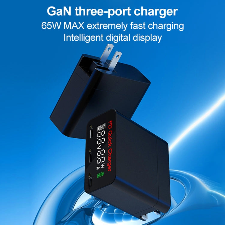 WLX-X8 65W MAX 3 Ports USB-C / Type-C Saper Charger Adapter US Plug (Black)