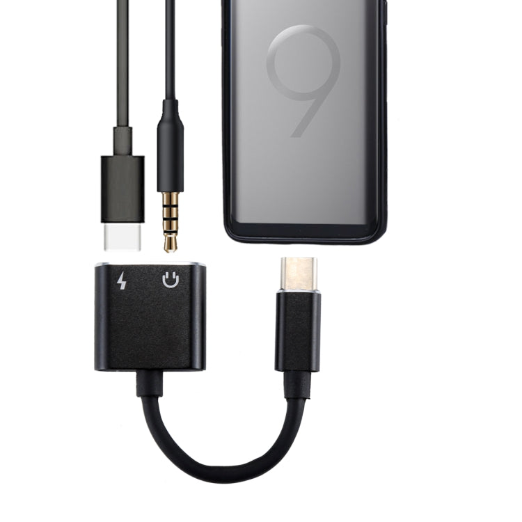 Adaptador convertidor de Carga de Audio 2 en 1 de 3.5 mm a USB-C / Tipo-C (Negro)
