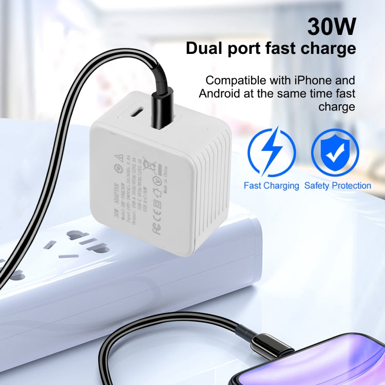 XHF-PDQC30W 30W QC 3.0 USB + PD USB-C / Type-C Chargeur de voyage rapide avec prise pliable US Plug