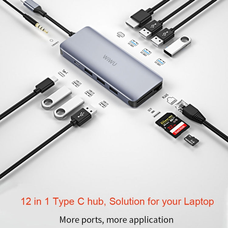 WIWU Alpha 12 en 1 USB 3.0 X3 + USB 2.0 x2 + HDMI + SD + Micro SD + Type-C / USB-C + Puerto Lan + Puerto de 3.5 mm Estación de acoplamiento HUB multifunción