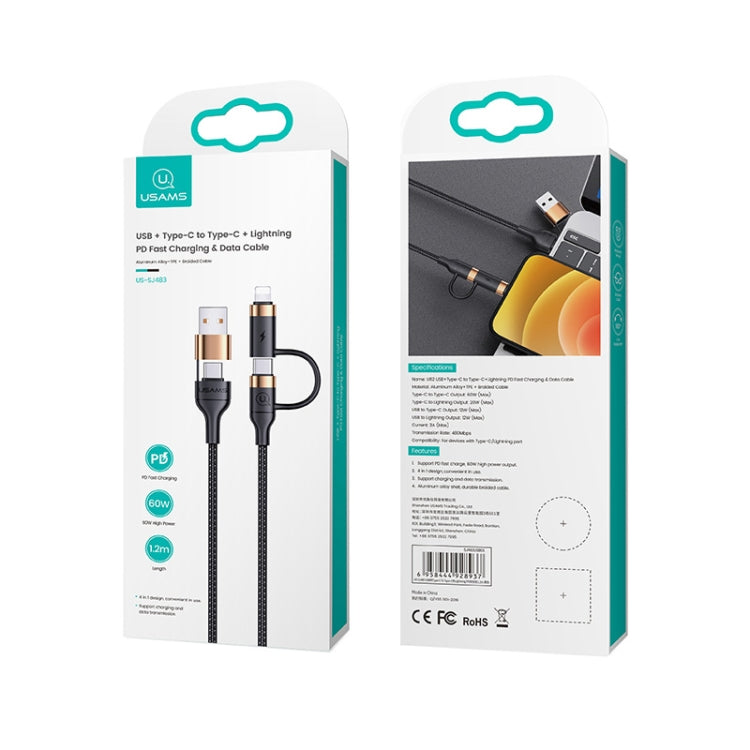 USAMS US-SJ483 U62 PD Fast Charging Multifunction 4 in 1 3A Micro USB &amp; Type C to 8 Pin &amp; Type C Braided Data Cable length: 1.2m