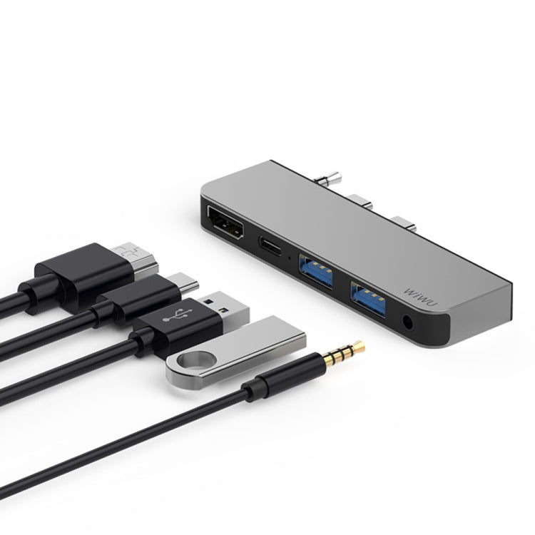 WIWU Alpha m X Pro 5 in 1 USB 3.0 x2 + HDMI + 3.5mm Audio Jack + Type-C / USB-C Multifunction HUB Docking Station