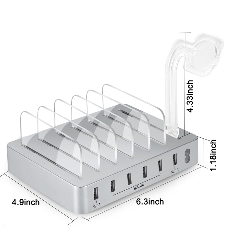 Multifunction DC5V / 10A (MAX) Output 6 Ports Detachable USB Charging Station Smart Charger (Silver)