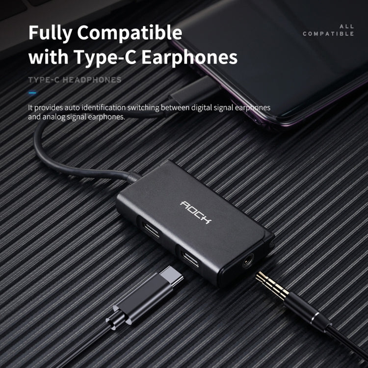 Rock CA05 Câble adaptateur audio de charge 3 en 1 Type C / USB-C Longueur : 18 cm (Noir)